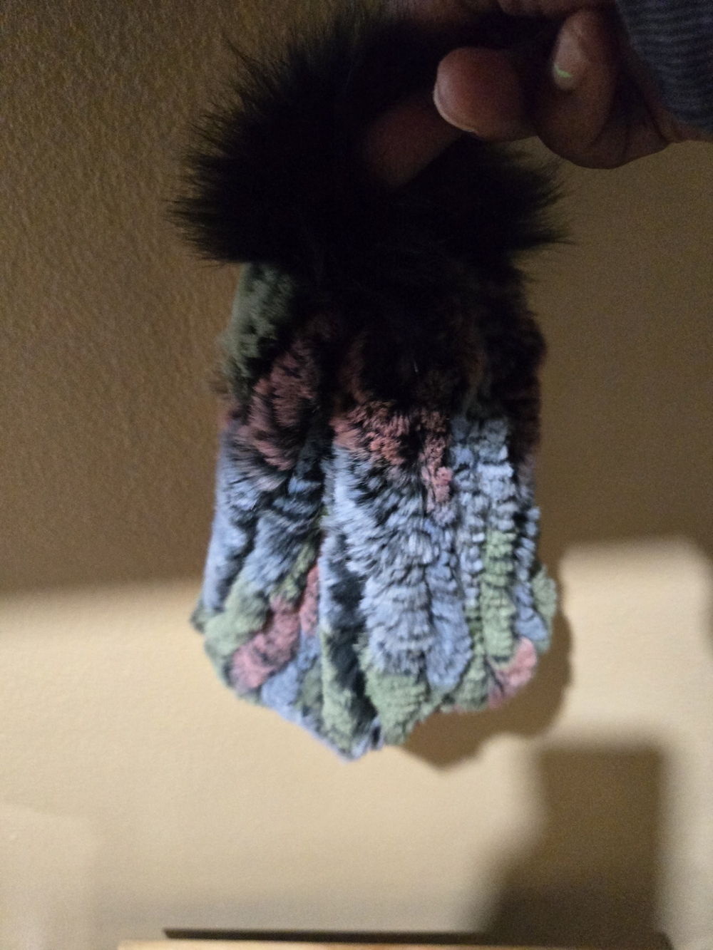 Multicolor Knitted Rex Rabbit Fur Beanie Hat with Fox Pom Pom
